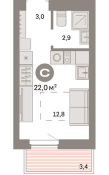 Студия квартира, вторичка, 22м2, 3/16 этаж