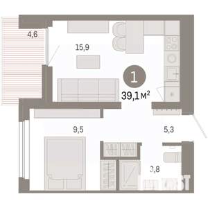 1-к квартира, вторичка, 39м2, 4/9 этаж