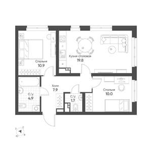 2-к квартира, вторичка, 55м2, 5/16 этаж