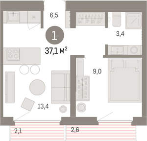 1-к квартира, вторичка, 37м2, 4/9 этаж