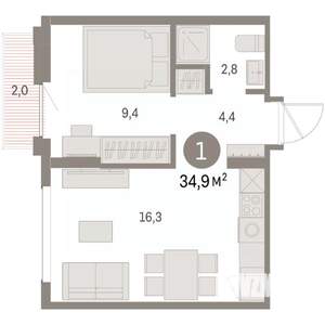 1-к квартира, вторичка, 35м2, 8/8 этаж
