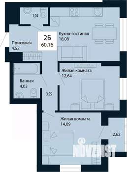 2-к квартира, строящийся дом, 60м2, 3/30 этаж