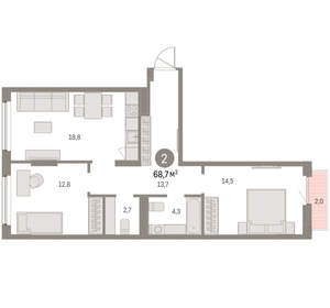 2-к квартира, вторичка, 69м2, 7/9 этаж