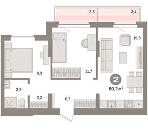 1-к квартира, вторичка, 60м2, 6/16 этаж