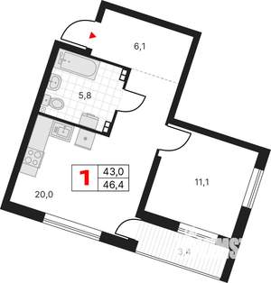 1-к квартира, вторичка, 46м2, 3/17 этаж