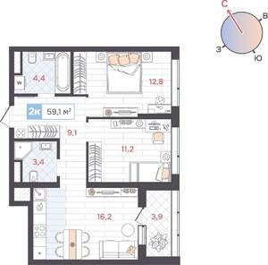 2-к квартира, вторичка, 59м2, 7/31 этаж