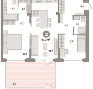 2-к квартира, вторичка, 91м2, 1/9 этаж
