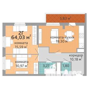 2-к квартира, вторичка, 64м2, 1/25 этаж