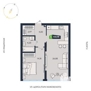 1-к квартира, строящийся дом, 53м2, 2/31 этаж