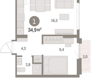 1-к квартира, вторичка, 35м2, 3/9 этаж