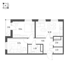 2-к квартира, строящийся дом, 62м2, 22/25 этаж