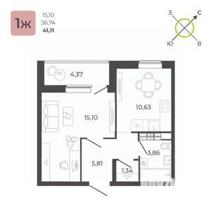 1-к квартира, вторичка, 41м2, 17/23 этаж
