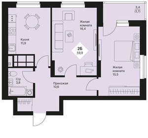 2-к квартира, вторичка, 60м2, 20/25 этаж