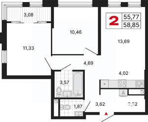 2-к квартира, вторичка, 59м2, 5/25 этаж
