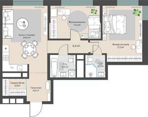 2-к квартира, строящийся дом, 77м2, 3/30 этаж