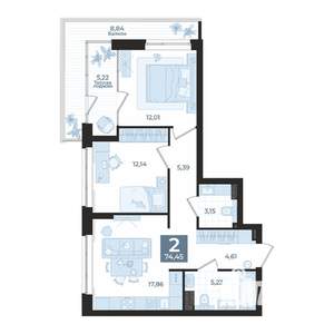 2-к квартира, вторичка, 74м2, 2/12 этаж