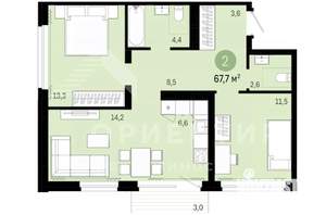 2-к квартира, вторичка, 68м2, 6/9 этаж