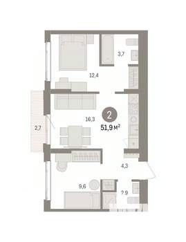 2-к квартира, вторичка, 52м2, 3/7 этаж