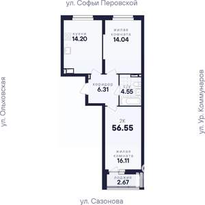 2-к квартира, вторичка, 57м2, 6/17 этаж