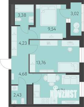 2-к квартира, вторичка, 51м2, 8/9 этаж