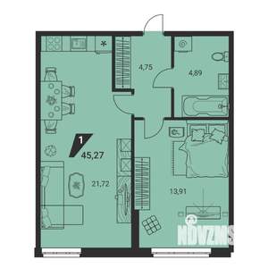 1-к квартира, вторичка, 45м2, 1/25 этаж