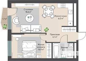 1-к квартира, строящийся дом, 50м2, 22/27 этаж