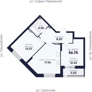 2-к квартира, вторичка, 57м2, 3/17 этаж