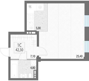 Студия квартира, строящийся дом, 42м2, 6/9 этаж