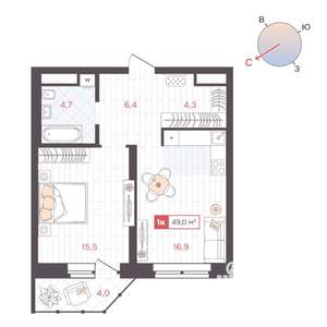 1-к квартира, строящийся дом, 49м2, 12/25 этаж