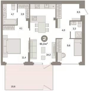 2-к квартира, вторичка, 91м2, 1/9 этаж