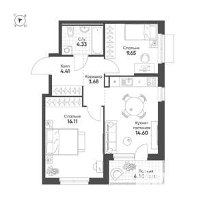 2-к квартира, строящийся дом, 55м2, 3/25 этаж