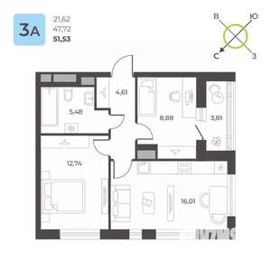 2-к квартира, строящийся дом, 52м2, 12/23 этаж