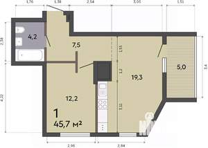 1-к квартира, строящийся дом, 46м2, 6/19 этаж