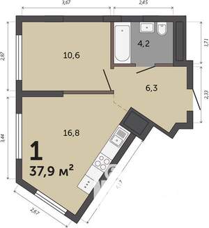 1-к квартира, строящийся дом, 38м2, 29/30 этаж