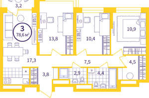 3-к квартира, вторичка, 76м2, 2/24 этаж