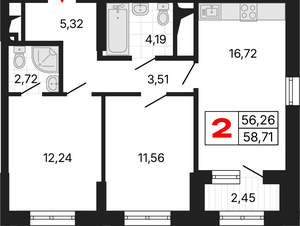 2-к квартира, вторичка, 59м2, 7/25 этаж