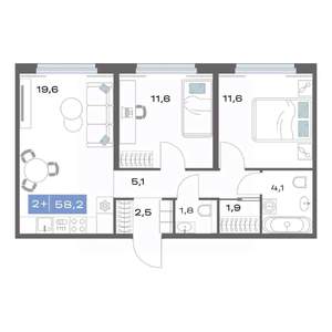 2-к квартира, строящийся дом, 58м2, 5/25 этаж
