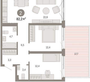 2-к квартира, вторичка, 82м2, 2/8 этаж
