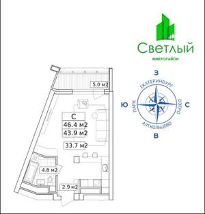 Студия квартира, вторичка, 44м2, 9/25 этаж