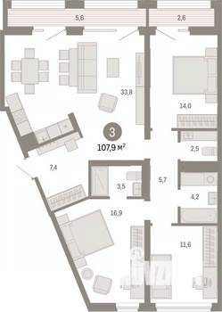 3-к квартира, вторичка, 108м2, 4/8 этаж