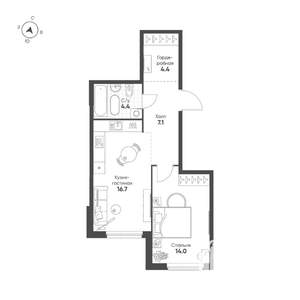1-к квартира, строящийся дом, 47м2, 4/25 этаж
