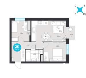 2-к квартира, строящийся дом, 55м2, 14/22 этаж