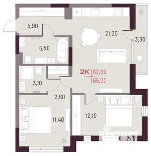 2-к квартира, строящийся дом, 63м2, 3/25 этаж