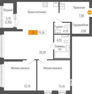 2-к квартира, вторичка, 75м2, 5/25 этаж