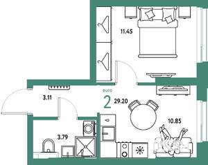 2-к квартира, строящийся дом, 29м2, 2/25 этаж