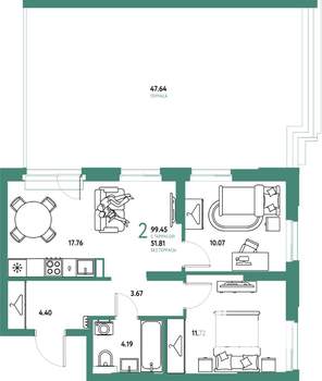 2-к квартира, строящийся дом, 99м2, 2/25 этаж