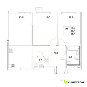 2-к квартира, вторичка, 69м2, 25/31 этаж