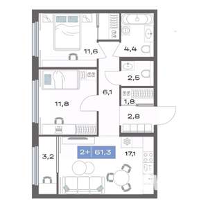 2-к квартира, строящийся дом, 61м2, 6/20 этаж