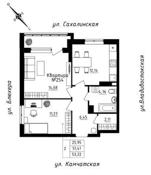 2-к квартира, строящийся дом, 53м2, 22/25 этаж