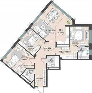 3-к квартира, строящийся дом, 122м2, 9/27 этаж